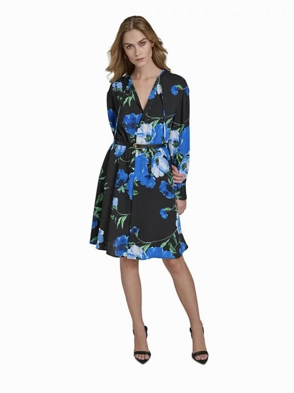 Halston Heritage Black Wrap Midi Dress with Blue Floral Print